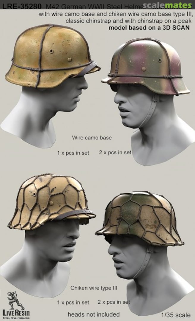 Boxart M42 German WWII Steel Helmet - Stahlhelm w/Classic Chinstrap & w/Chinstrap on Peak (In Wire & Chicken Wire Camo Type III) LRE-35280 Live Resin