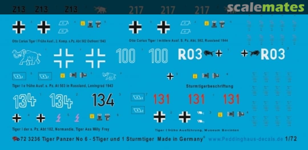 Boxart Tiger tanks N° 6 - 5 Tiger tanks and 1 Sturmtiger 72 3236 Peddinghaus-Decals Boxart Tiger tanks N° 6 - 5 Tiger tanks and 1 Sturmtiger 72 3236 Peddinghaus-Decals