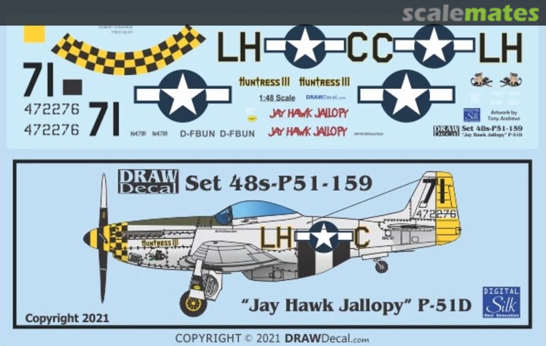 Boxart “Jay Hawk Jallopy / Huntress III” P-51D 48-P51-159 Draw Decal Boxart “Jay Hawk Jallopy / Huntress III” P-51D 48-P51-159 Draw Decal