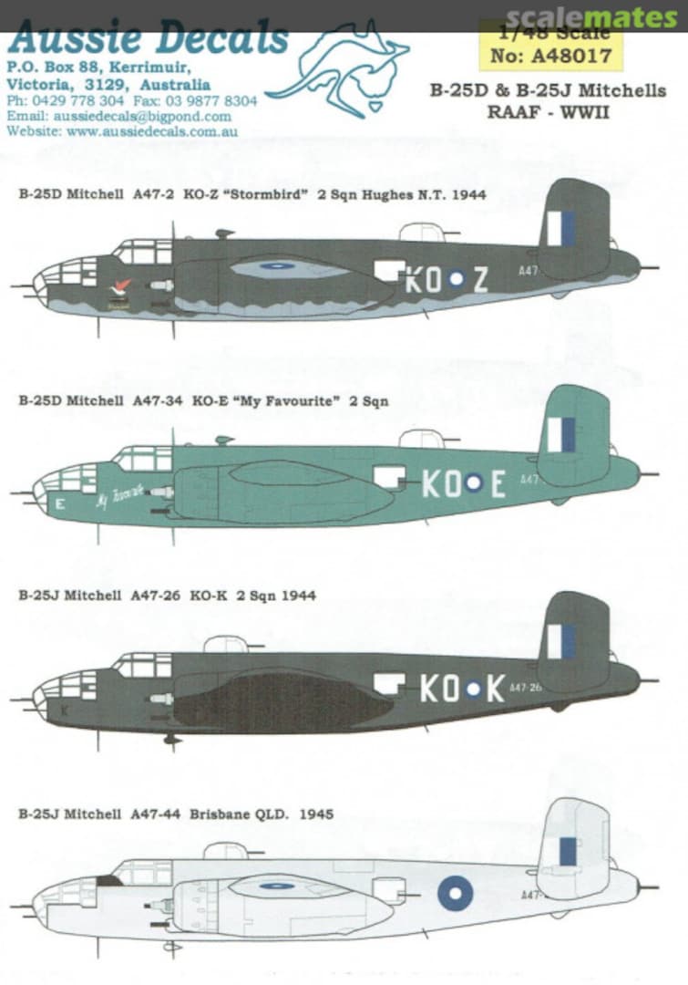 Boxart B-25D & B-25J Mitchells, RAAF, WWII A48017 Aussie Decals Boxart B-25D & B-25J Mitchells, RAAF, WWII A48017 Aussie Decals