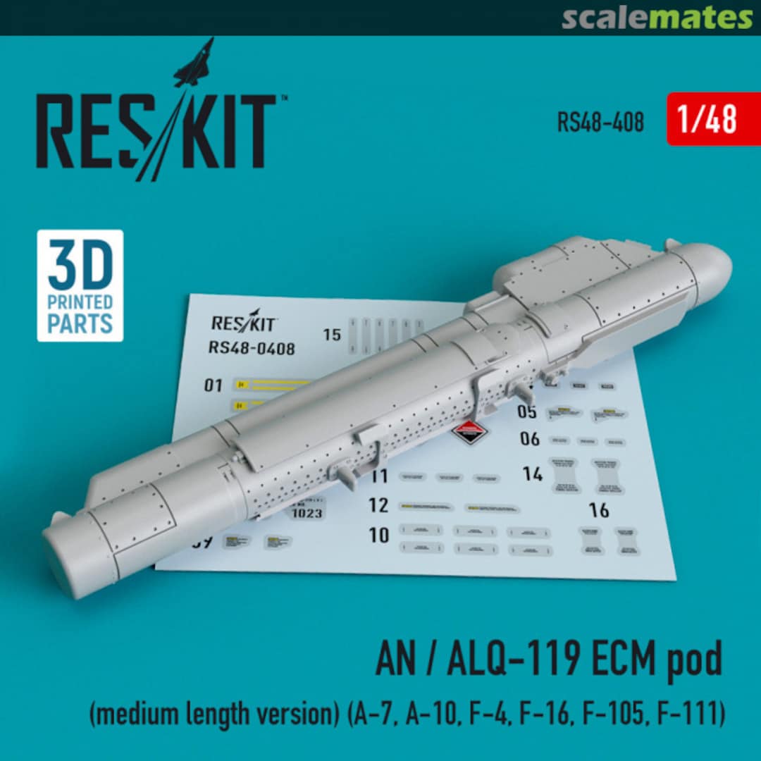 Boxart AN/ALQ-119 ECM pod medium length for A-7, A-10, F-4, F-16, F-105, F-111 (3D printing) RS48-0408 ResKit Boxart AN/ALQ-119 ECM pod medium length for A-7, A-10, F-4, F-16, F-105, F-111 (3D printing) RS48-0408 ResKit