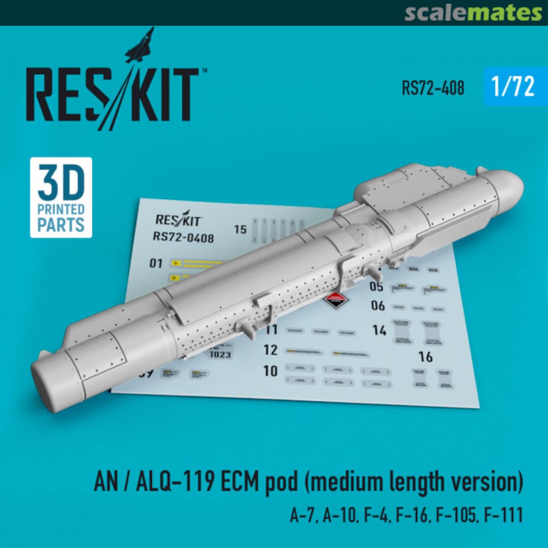 Boxart AN/ALQ-119 ECM pod medium length for A-7, A-10, F-4, F-16, F-105, F-111 (3D printing) RS72-0408 ResKit Boxart AN/ALQ-119 ECM pod medium length for A-7, A-10, F-4, F-16, F-105, F-111 (3D printing) RS72-0408 ResKit
