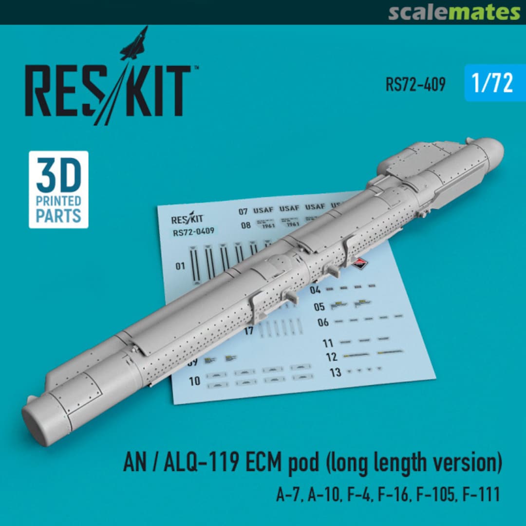 Boxart AN/ALQ-119 ECM pod long length for A-7, A-10, F-4, F-16, F-105, F-111 (3D printing) RS72-0409 ResKit Boxart AN/ALQ-119 ECM pod long length for A-7, A-10, F-4, F-16, F-105, F-111 (3D printing) RS72-0409 ResKit