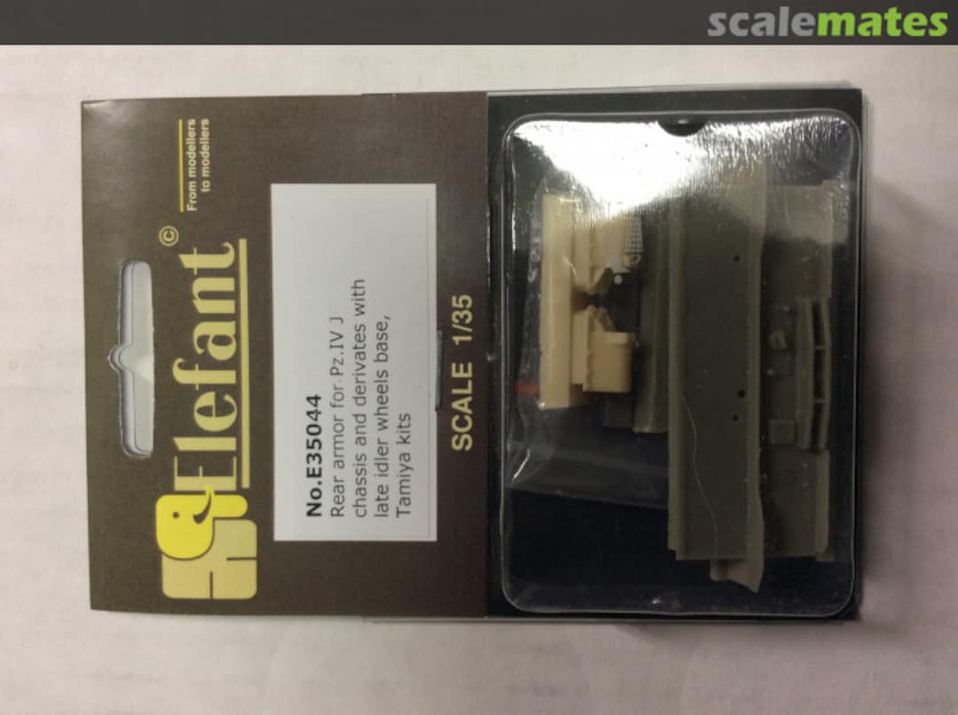 Boxart Rear armor for Pz. iV Jchassis and derivatives with late idler wheel bases Tamiya kits E35044 Elefant Corporation Boxart Rear armor for Pz. iV Jchassis and derivatives with late idler wheel bases Tamiya kits E35044 Elefant Corporation