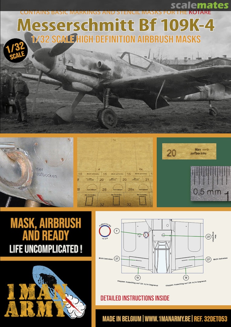 Boxart Messerschmitt Bf 109K-4 stencilling and national insignia masks 32DET053 1ManArmy Boxart Messerschmitt Bf 109K-4 stencilling and national insignia masks 32DET053 1ManArmy
