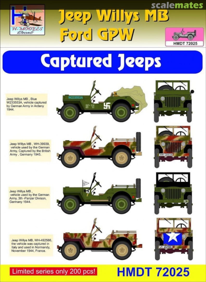 Boxart Willys Jeep MB/Ford GPW: Captured Jeeps HMT72025 H-Models Decals Boxart Willys Jeep MB/Ford GPW: Captured Jeeps HMT72025 H-Models Decals