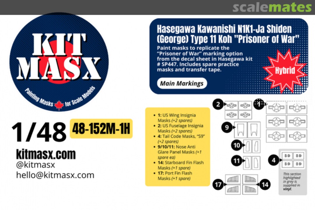 Boxart Kawanishi N1K1-Ja Shiden (George) Type 11 Koh 'Prisoner of War, main markings masks 48-152M-1H Kit Masx