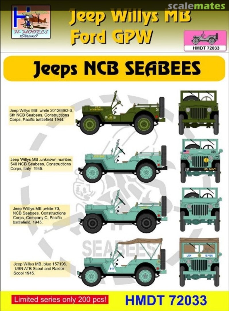 Boxart Willys Jeep MB/Ford GPW: NCB Seabees HMT72033 H-Models Decals Boxart Willys Jeep MB/Ford GPW: NCB Seabees HMT72033 H-Models Decals