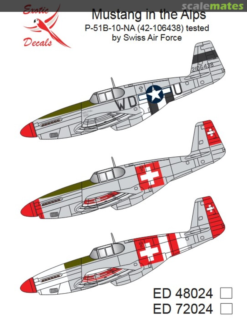 Boxart Mustang in the Alps P-51B-10-NA (42-106438) tested by Swiss Air Force ED72024 Exotic Decals