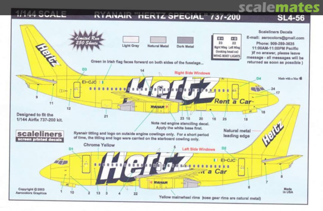 Boxart RyanAir "Hertz Special" 737-200 SL4-56 Scaleliners Decals