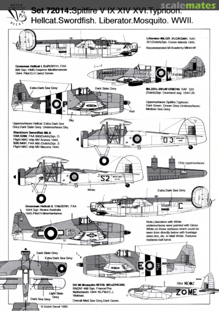 Boxart Spitfire, Typhoon, Hellcat, Swordfish, Liberator, Mosquito 72014 Dutch Decal Boxart Spitfire, Typhoon, Hellcat, Swordfish, Liberator, Mosquito 72014 Dutch Decal