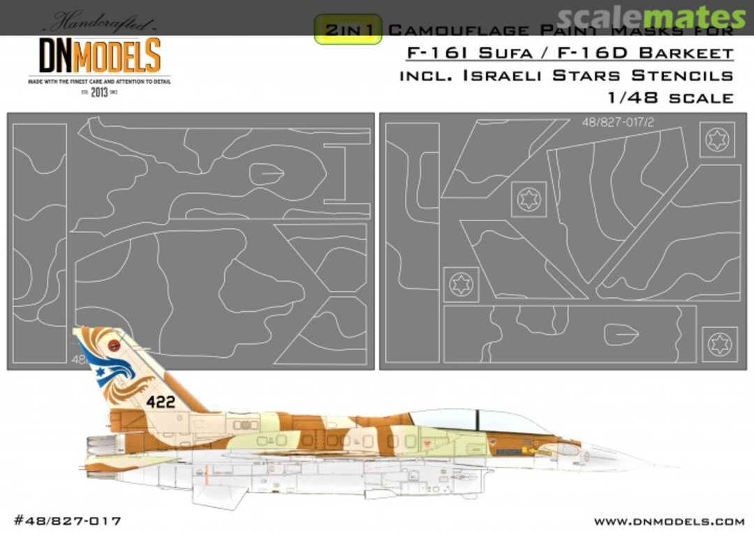 Boxart 2 in 1 Camo Paint Masks F-16I Sufa & F-16D Barkeet incl. IAF Stars 48/827-017 DN Models Boxart 2 in 1 Camo Paint Masks F-16I Sufa & F-16D Barkeet incl. IAF Stars 48/827-017 DN Models