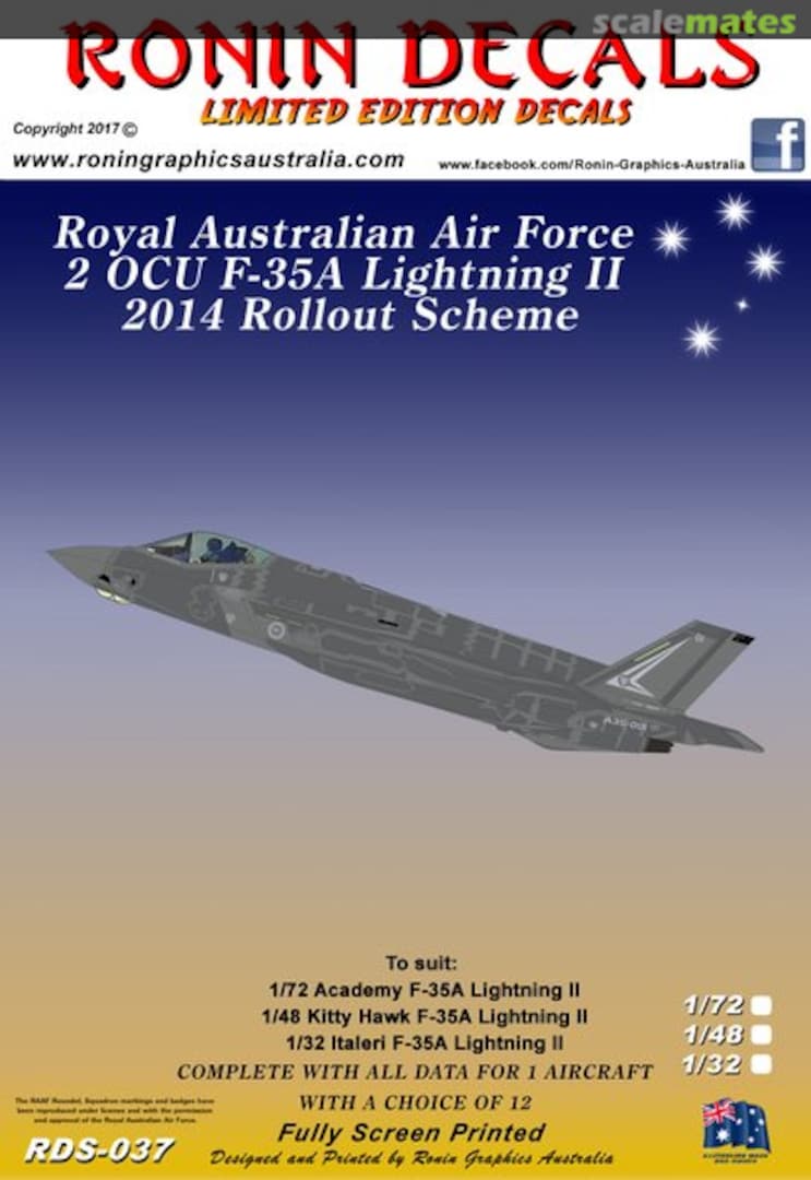 Boxart RAAF 2 OCU, F-35A Lightning II, 2014 Rollout Scheme RDS-037 Ronin Decals Boxart RAAF 2 OCU, F-35A Lightning II, 2014 Rollout Scheme RDS-037 Ronin Decals
