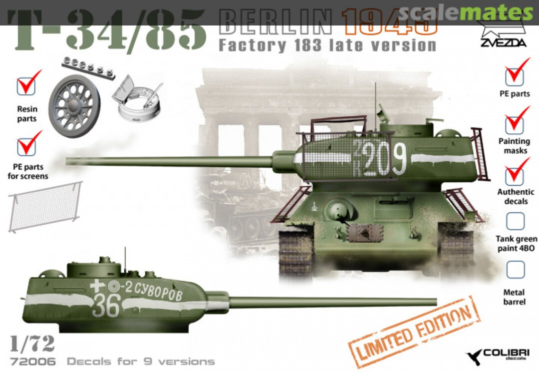 Boxart T-34/85 Factory 183 late version. Berlin 1945 72006 Colibri Decals Boxart T-34/85 Factory 183 late version. Berlin 1945 72006 Colibri Decals