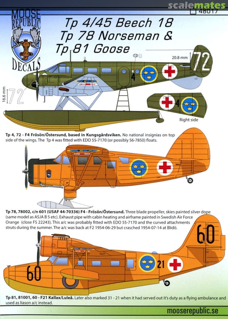 Boxart Tp 4/45 Beech 18, Tp 78 Norseman & Tp 81 Goose 48017 Moose Republic Decals Boxart Tp 4/45 Beech 18, Tp 78 Norseman & Tp 81 Goose 48017 Moose Republic Decals