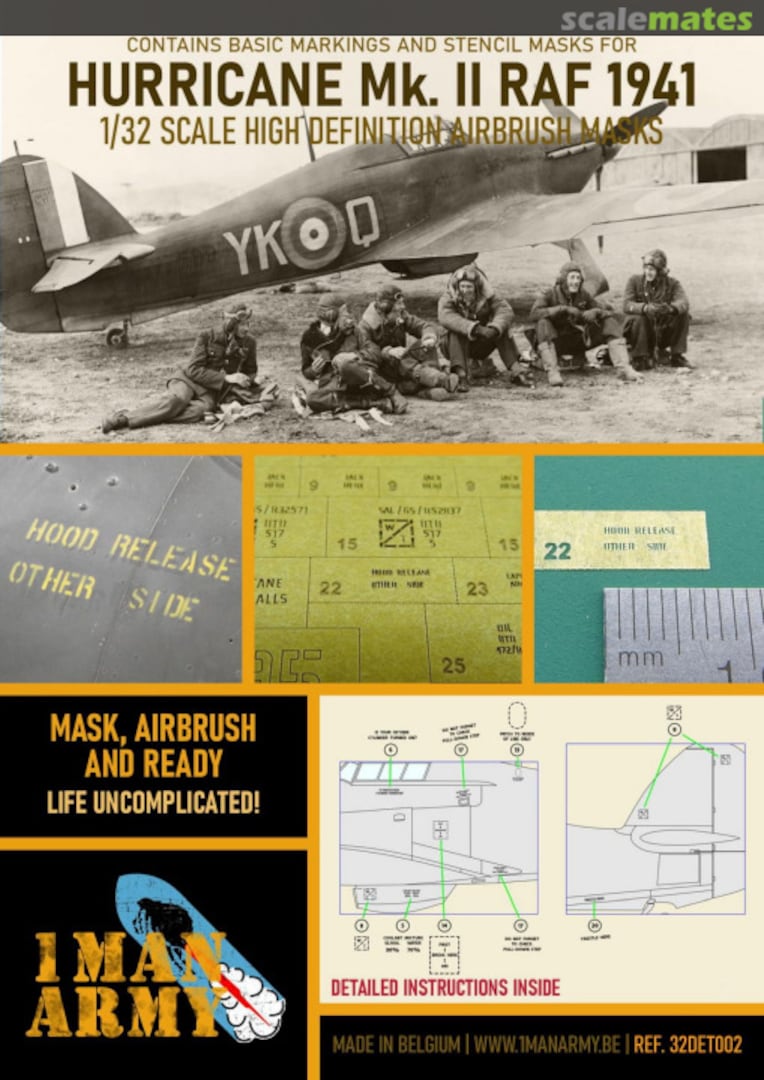 Boxart Hurricane Mk. II RAF 1941 stencilling and national insignia masks 32DET002 1ManArmy Boxart Hurricane Mk. II RAF 1941 stencilling and national insignia masks 32DET002 1ManArmy