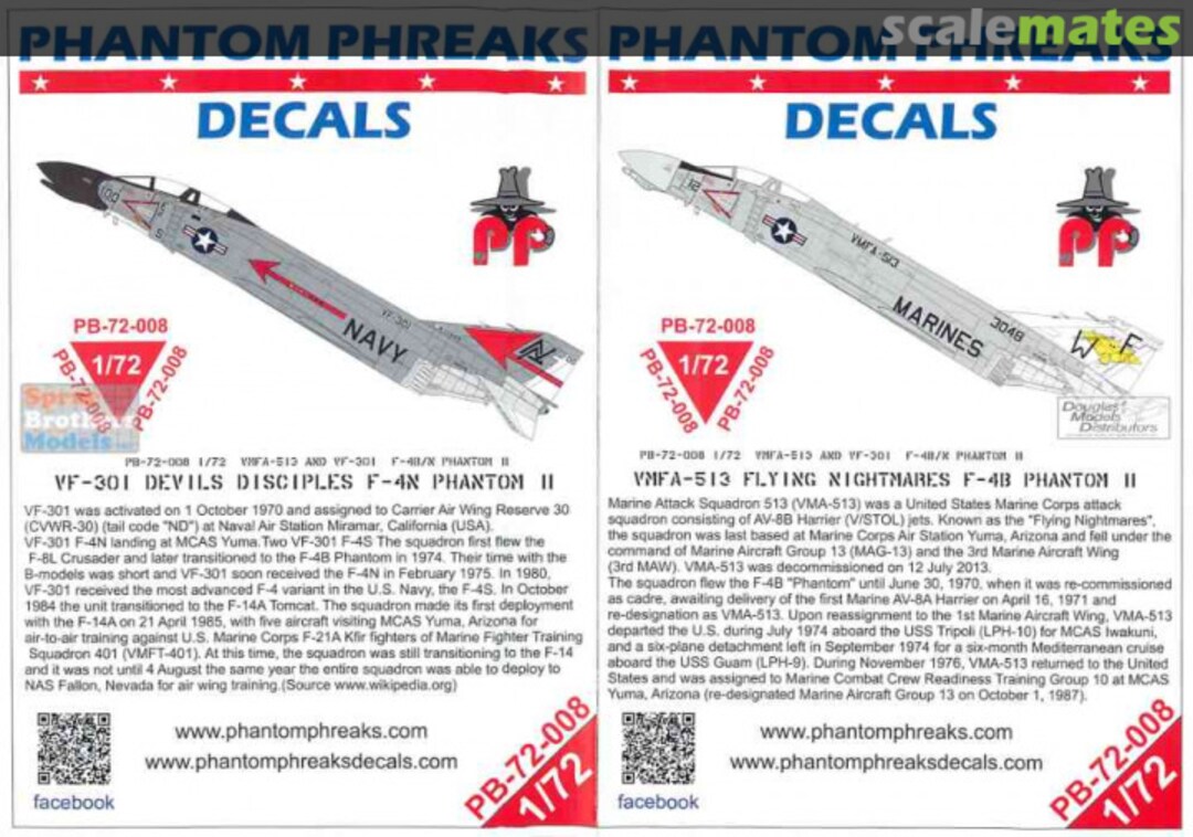 Boxart VF-301 Devils Disciples F-4N & VMFA-513 Flying Nightmares F-4B Phantom II PB-72-008 Phantom Phreaks Decals Boxart VF-301 Devils Disciples F-4N & VMFA-513 Flying Nightmares F-4B Phantom II PB-72-008 Phantom Phreaks Decals