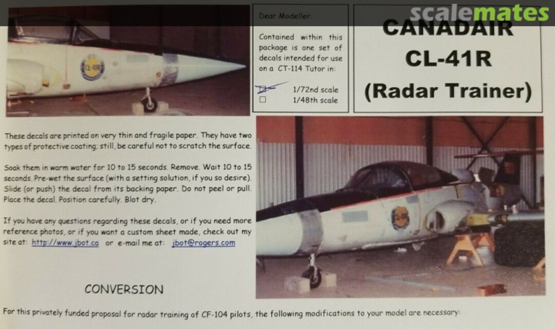 Boxart Canadair CL-41R (Radar Trainer) 041-003-072 JBOT Decals Boxart Canadair CL-41R (Radar Trainer) 041-003-072 JBOT Decals