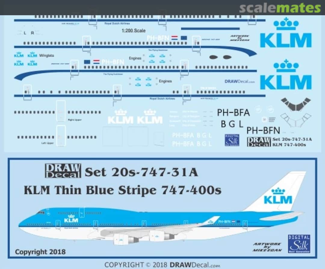 Boxart KLM Thin Blue Stripe 747-400s 20-747-31A Draw Decal Boxart KLM Thin Blue Stripe 747-400s 20-747-31A Draw Decal