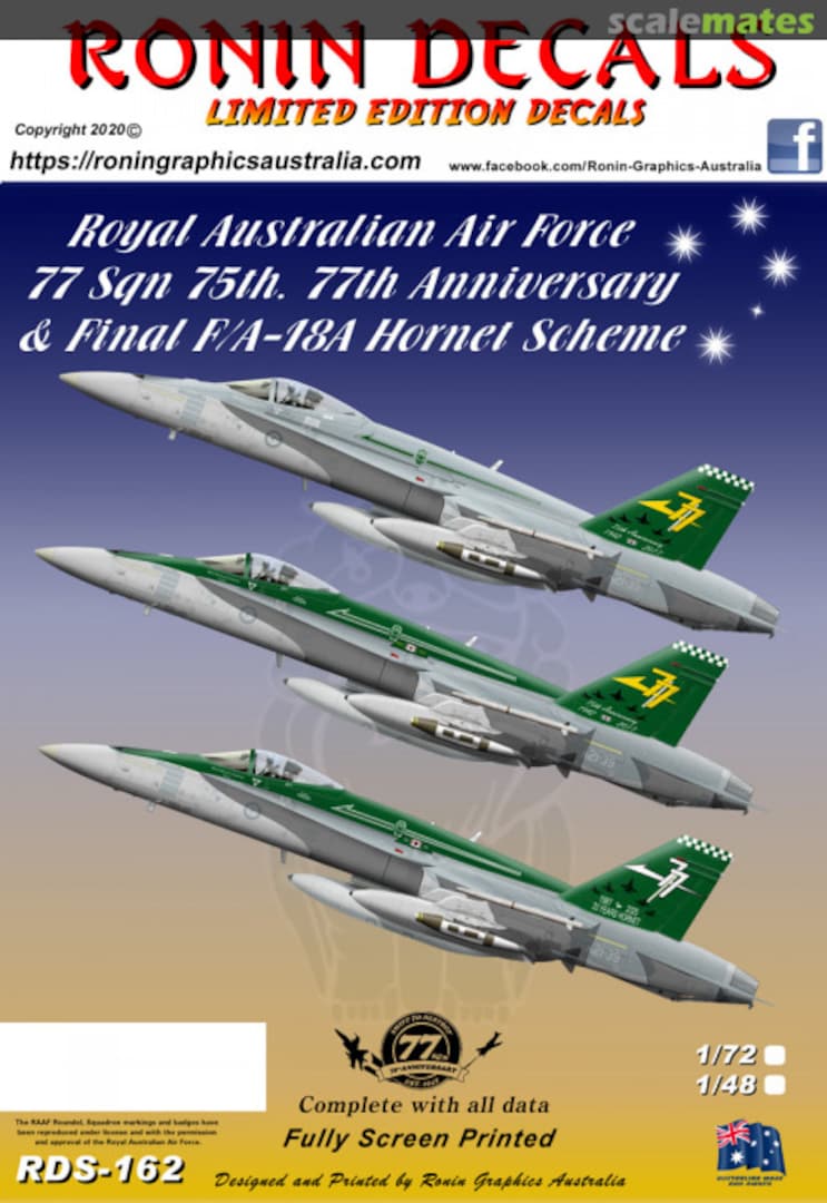Boxart Royal Australian Air Force 77 Sqn 75th. Anniversary & Final F/A-18A Hornet Scheme RDS-162 Ronin Decals