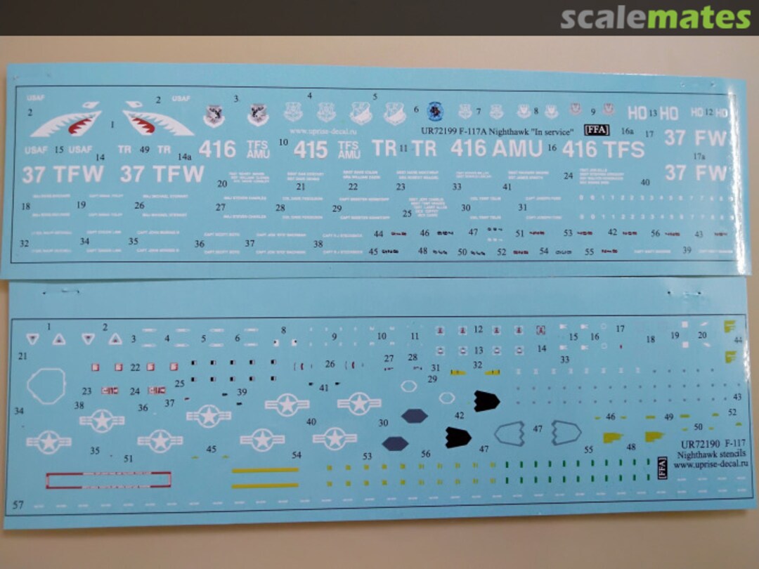 Contents F-117A Nighthawk - "In Service" with stencils UR72199 UpRise Decal Contents F-117A Nighthawk - "In Service" with stencils UR72199 UpRise Decal