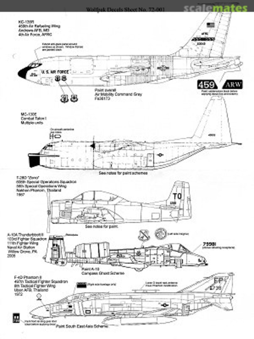 Boxart KC-135R, MC-130E, T-28D, A-10A, F-4D 72-001 Wolfpak Decals