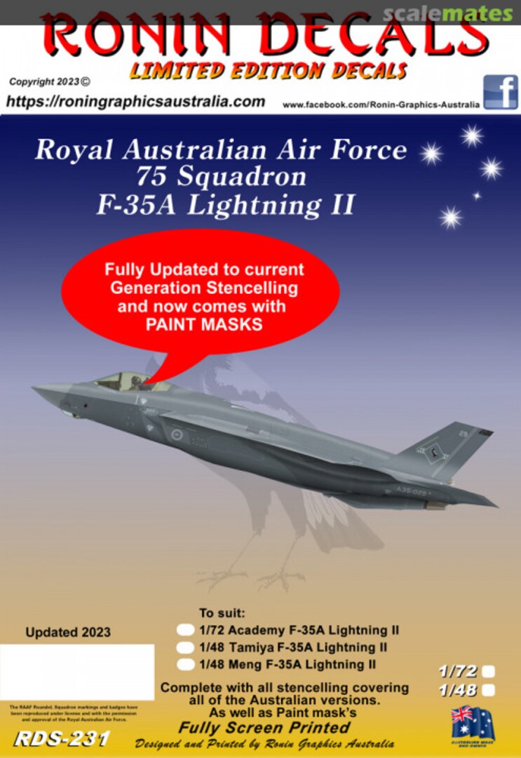 Boxart RAAF 75 Sqn F-35A Lightning II with PM for Tamiya Kit RDS-231 Ronin Decals Boxart RAAF 75 Sqn F-35A Lightning II with PM for Tamiya Kit RDS-231 Ronin Decals