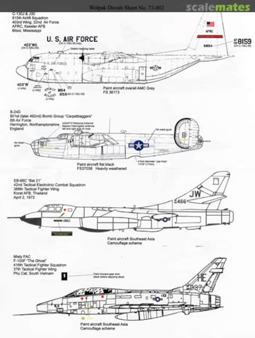 Boxart C-130J, B-24D, EB-66C, F-100F 72-002 Wolfpak Decals Boxart C-130J, B-24D, EB-66C, F-100F 72-002 Wolfpak Decals