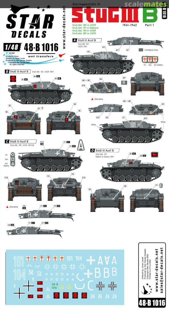 Boxart StuG III B 1941-42 # 1. Sturmgeschutz III Ausf B. Eastern front, Balkans and Greece. 48-B1016 Star Decals Boxart StuG III B 1941-42 # 1. Sturmgeschutz III Ausf B. Eastern front, Balkans and Greece. 48-B1016 Star Decals