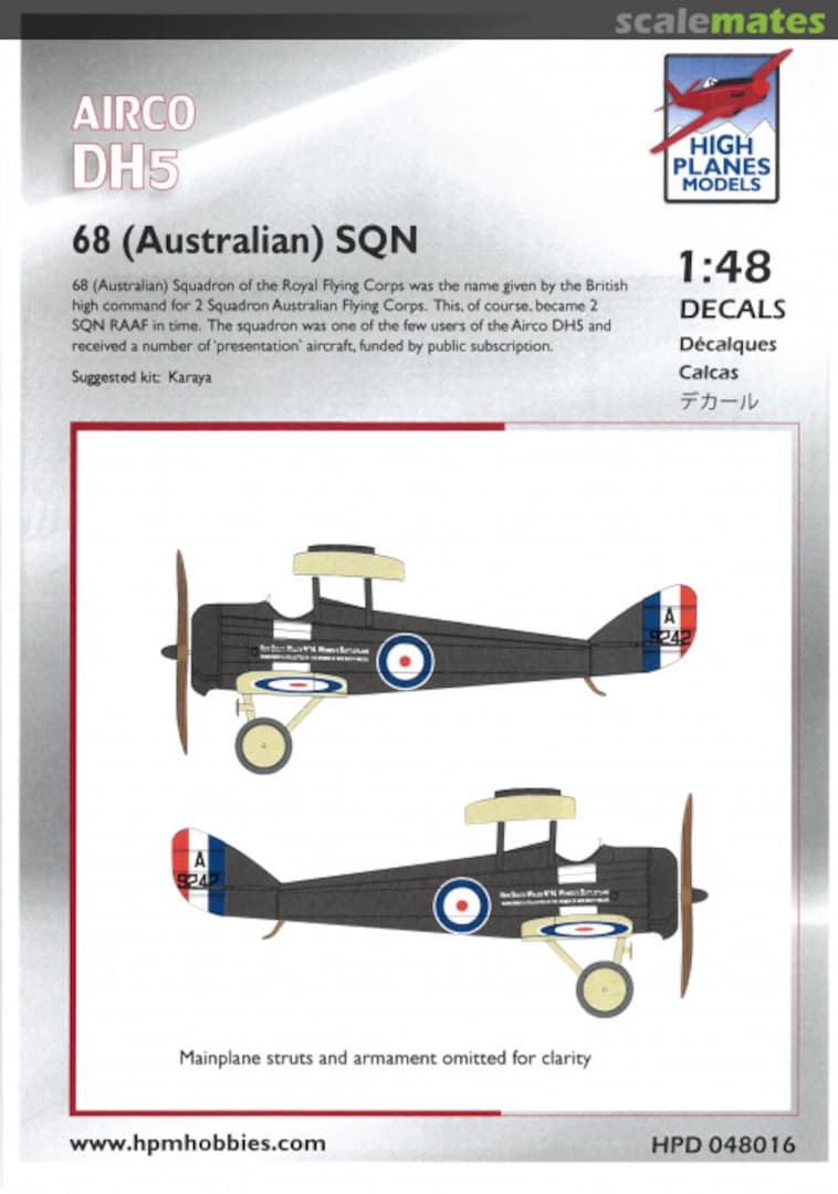 Boxart Airco DH5 - 68 (Australian) Sqn. RFC (2 Sqn AFC) HPD 048016 High Planes Models Boxart Airco DH5 - 68 (Australian) Sqn. RFC (2 Sqn AFC) HPD 048016 High Planes Models
