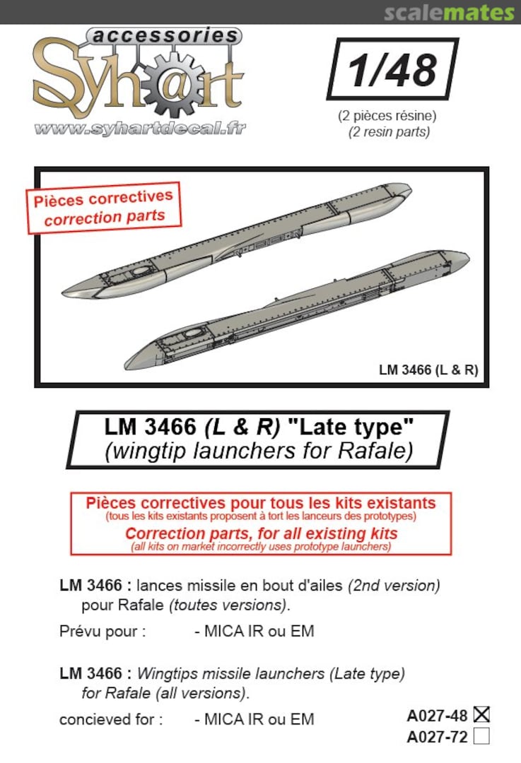 Boxart 1x pair LM3466 wing tip pylons for Rafale (Late type) A027-72 Syhart Boxart 1x pair LM3466 wing tip pylons for Rafale (Late type) A027-72 Syhart
