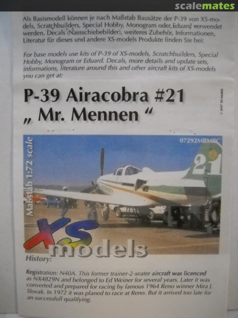 Boxart P-39 Airacobra #21 "Mr. Mennen" 07292MRMRC XS-models Boxart P-39 Airacobra #21 "Mr. Mennen" 07292MRMRC XS-models