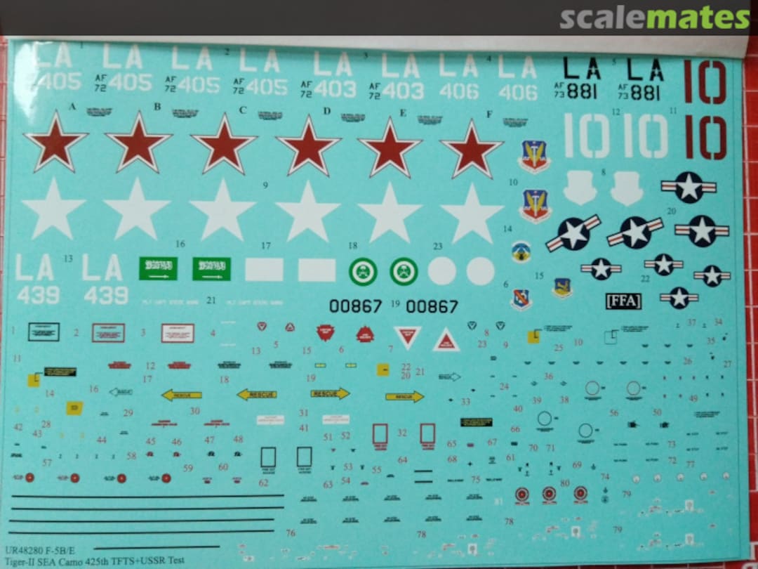 Contents F-5B/E Tiger-2 USAF SEA Camo 425th TFTS/FS and USSR TEST with stencils UR48280 UpRise Decal Contents F-5B/E Tiger-2 USAF SEA Camo 425th TFTS/FS and USSR TEST with stencils UR48280 UpRise Decal