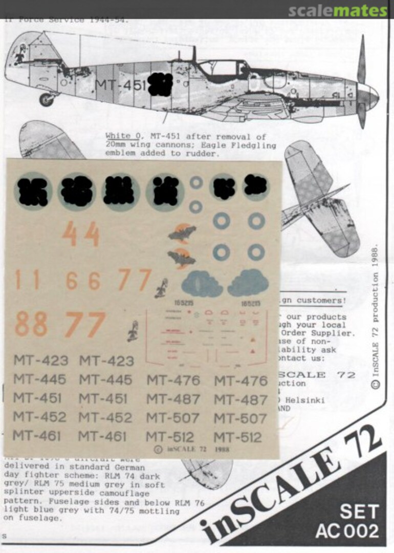 Boxart Messerschmitt Bf 109 G-6 in Finnish Air Force service AC002 InSCALE 72 Boxart Messerschmitt Bf 109 G-6 in Finnish Air Force service AC002 InSCALE 72