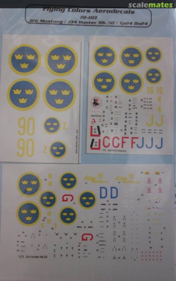 Boxart J26 Mustang, J34 Hunter Mk.50, Tp24 Do 24 72-103 Flying Colors Aerodecals Boxart J26 Mustang, J34 Hunter Mk.50, Tp24 Do 24 72-103 Flying Colors Aerodecals