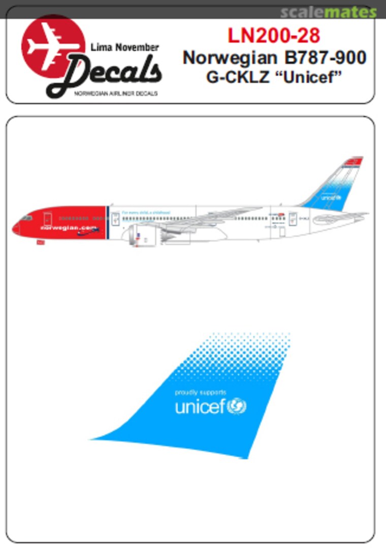 Boxart Norwegian Boeing 787-900 with Unicef on tail LN200-28 Lima November Decals Boxart Norwegian Boeing 787-900 with Unicef on tail LN200-28 Lima November Decals