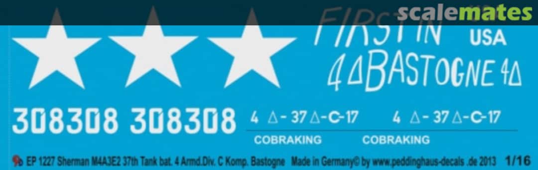 Boxart Sherman M4A3E2 37 th Tank Bat, 4 Armd Div C Komp, Bastongne 1944 EP 1227 Peddinghaus-Decals Boxart Sherman M4A3E2 37 th Tank Bat, 4 Armd Div C Komp, Bastongne 1944 EP 1227 Peddinghaus-Decals