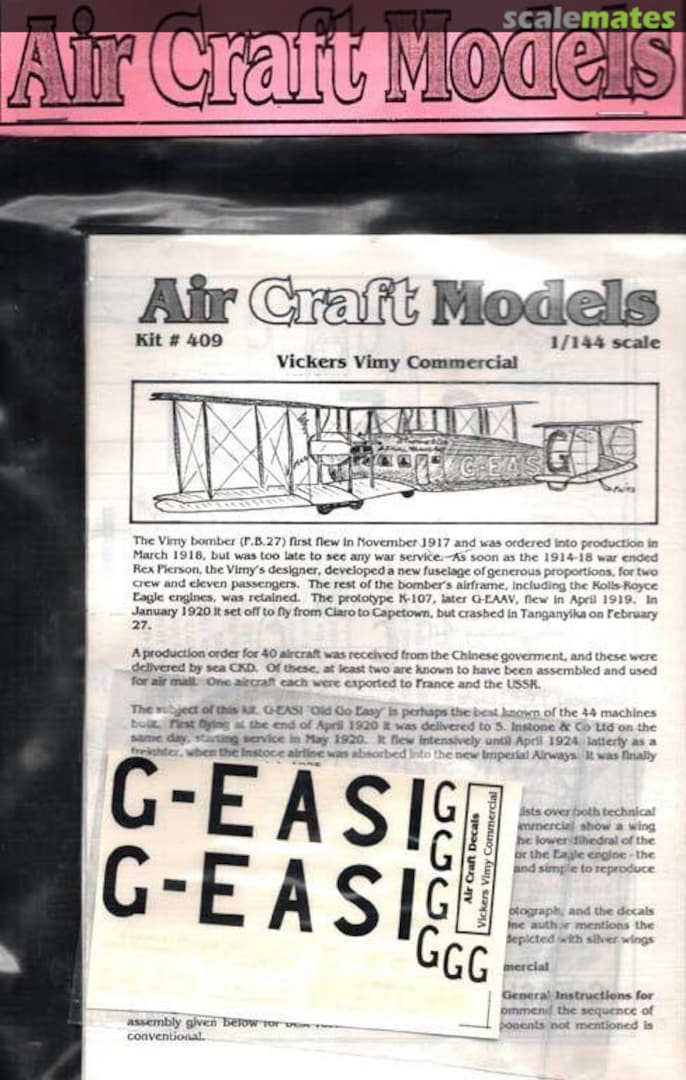 Boxart Vickers Vimy Commercial 409 Air Craft Models Boxart Vickers Vimy Commercial 409 Air Craft Models