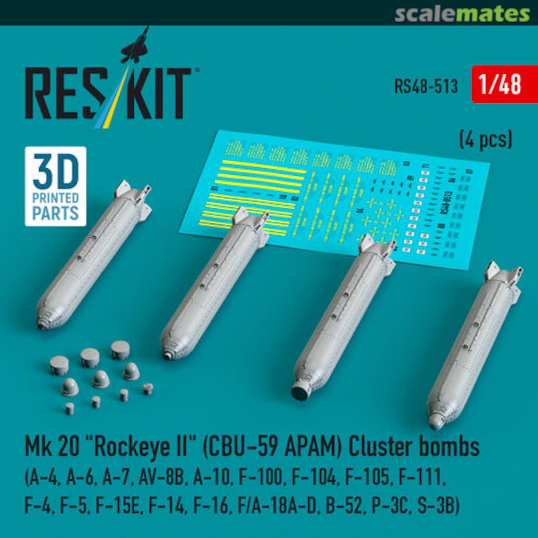 Boxart Mk 20 "Rockeye II" (CBU-59 APAM) Cluster bombs (4 pcs) (3D Printed) RSK48-0513 ResKit Boxart Mk 20 "Rockeye II" (CBU-59 APAM) Cluster bombs (4 pcs) (3D Printed) RSK48-0513 ResKit