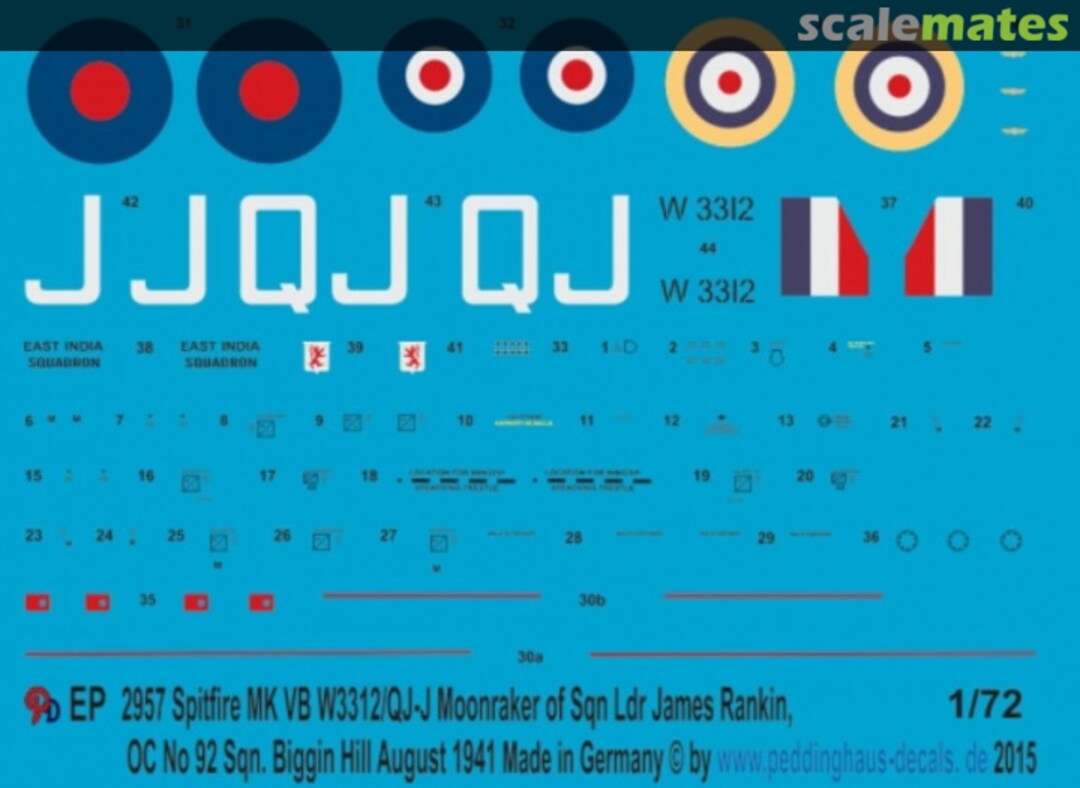Boxart Spitfire MK VB W 3312/QJ-J Moonraker of Sqn Ldr. James Rankin, OC No92 Sqn EP 2957 Peddinghaus-Decals Boxart Spitfire MK VB W 3312/QJ-J Moonraker of Sqn Ldr. James Rankin, OC No92 Sqn EP 2957 Peddinghaus-Decals