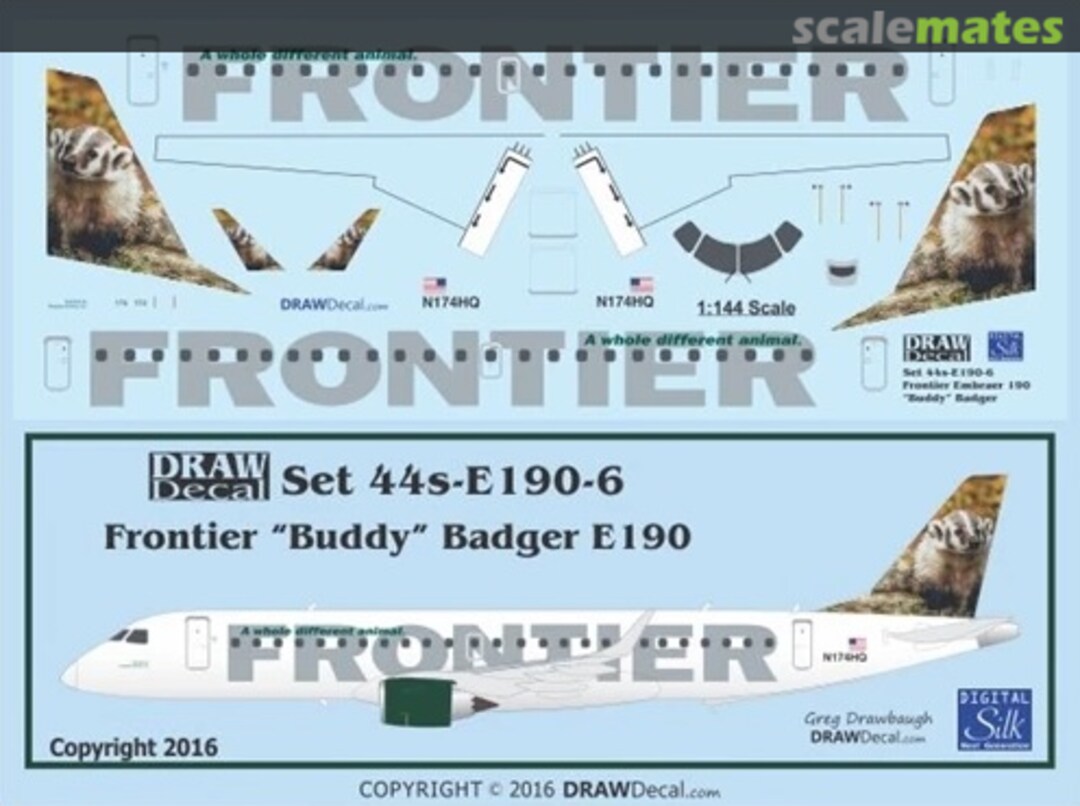 Boxart Frontier “Buddy” Badger Embraer 190 44-E190-6 Draw Decal Boxart Frontier “Buddy” Badger Embraer 190 44-E190-6 Draw Decal
