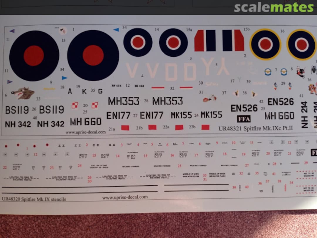 Contents Supermarine Spitfire Mk.IXc Pt.2 with stencils UR48321 UpRise Decal Contents Supermarine Spitfire Mk.IXc Pt.2 with stencils UR48321 UpRise Decal