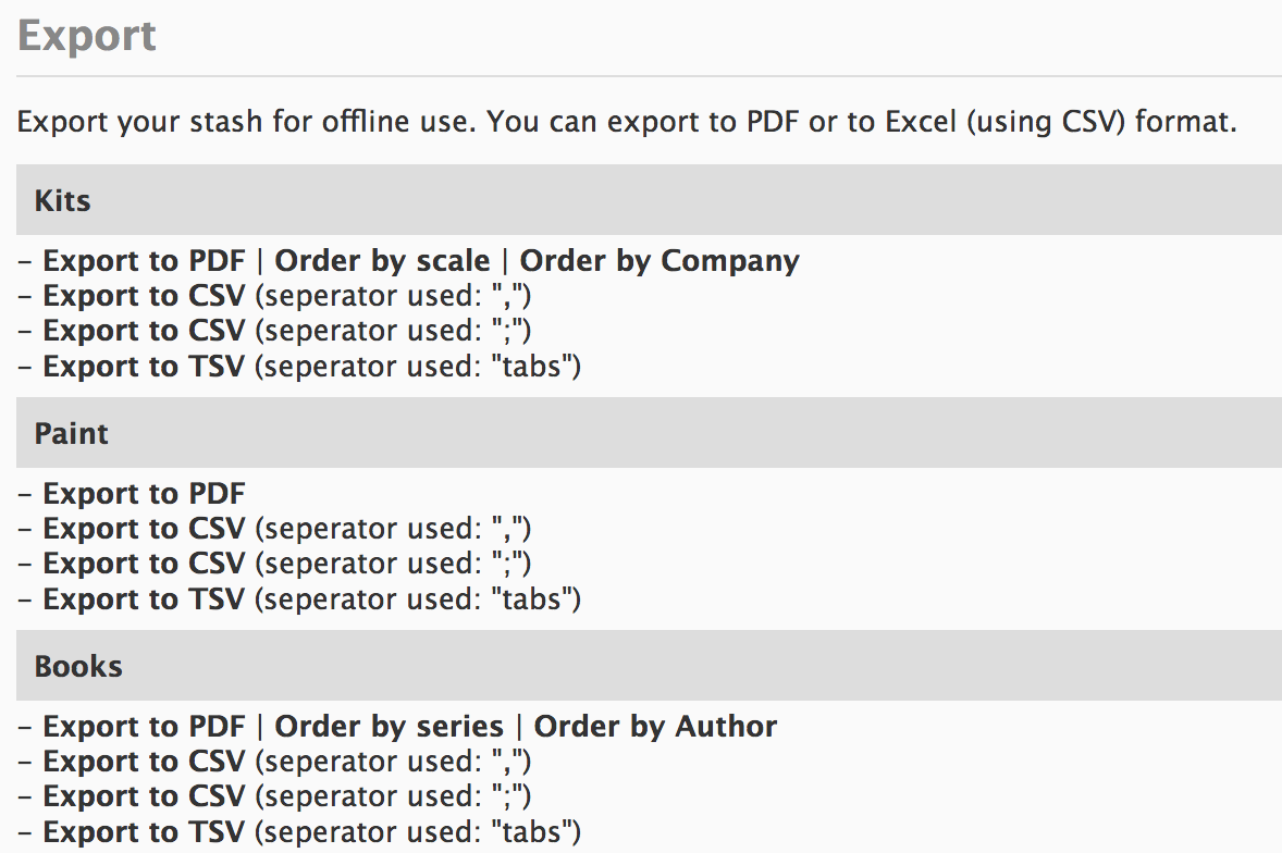 Export your stash, wishlist,... to PDF/Excel